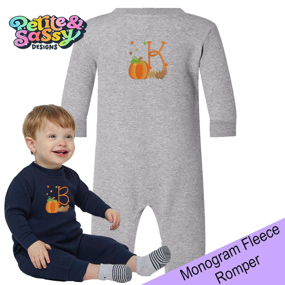 Pumpkin Monogram Fleece Romper - Grey