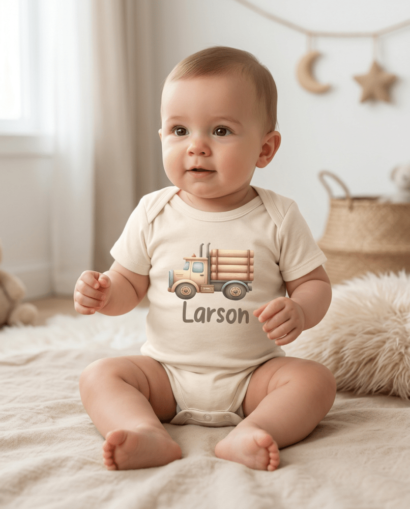 A baby sitting on a soft beige blanket in a bright nursery, wearing a cream-colored short-sleeve bodysuit with a graphic of a wooden log truck and the name 'Larson' printed on the front.