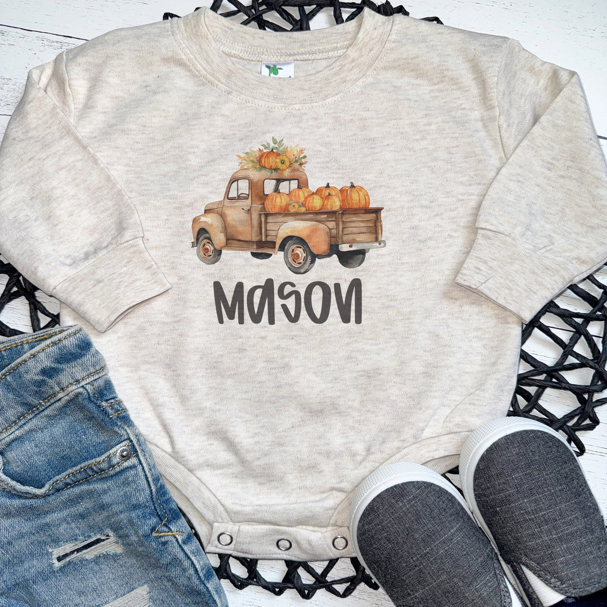 Personalized Pumpkin Truck Long Sleeve Baby Bodysuit