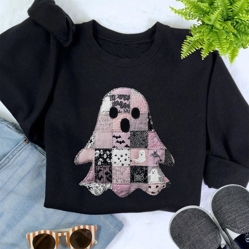 Patchwork Ghost Halloween Sweatshirt – Girls’ Cozy Fleece Pullover - Petite & Sassy Designs