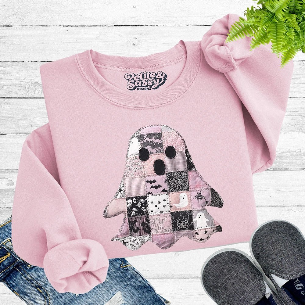 Patchwork Ghost Halloween Sweatshirt – Girls’ Cozy Fleece Pullover - Petite & Sassy Designs