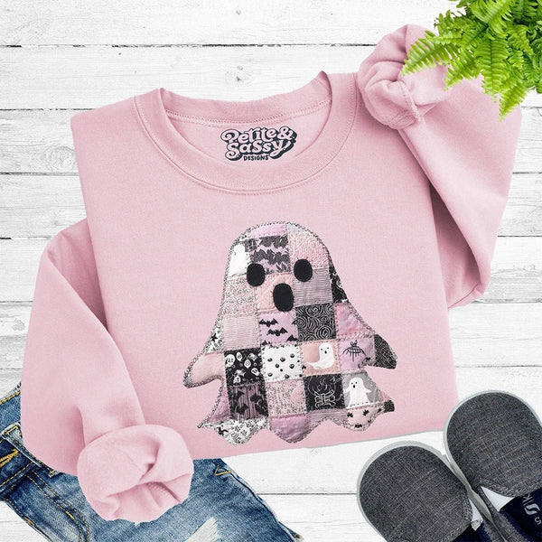 Patchwork Ghost Halloween Sweatshirt – Girls’ Cozy Fleece Pullover - Petite & Sassy Designs