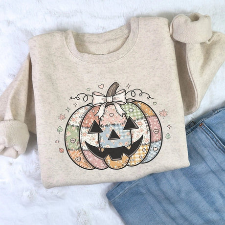 Patchwork Pumpkin Sweatshirt – Cozy Neutral Halloween Pullover - Petite & Sassy Designs