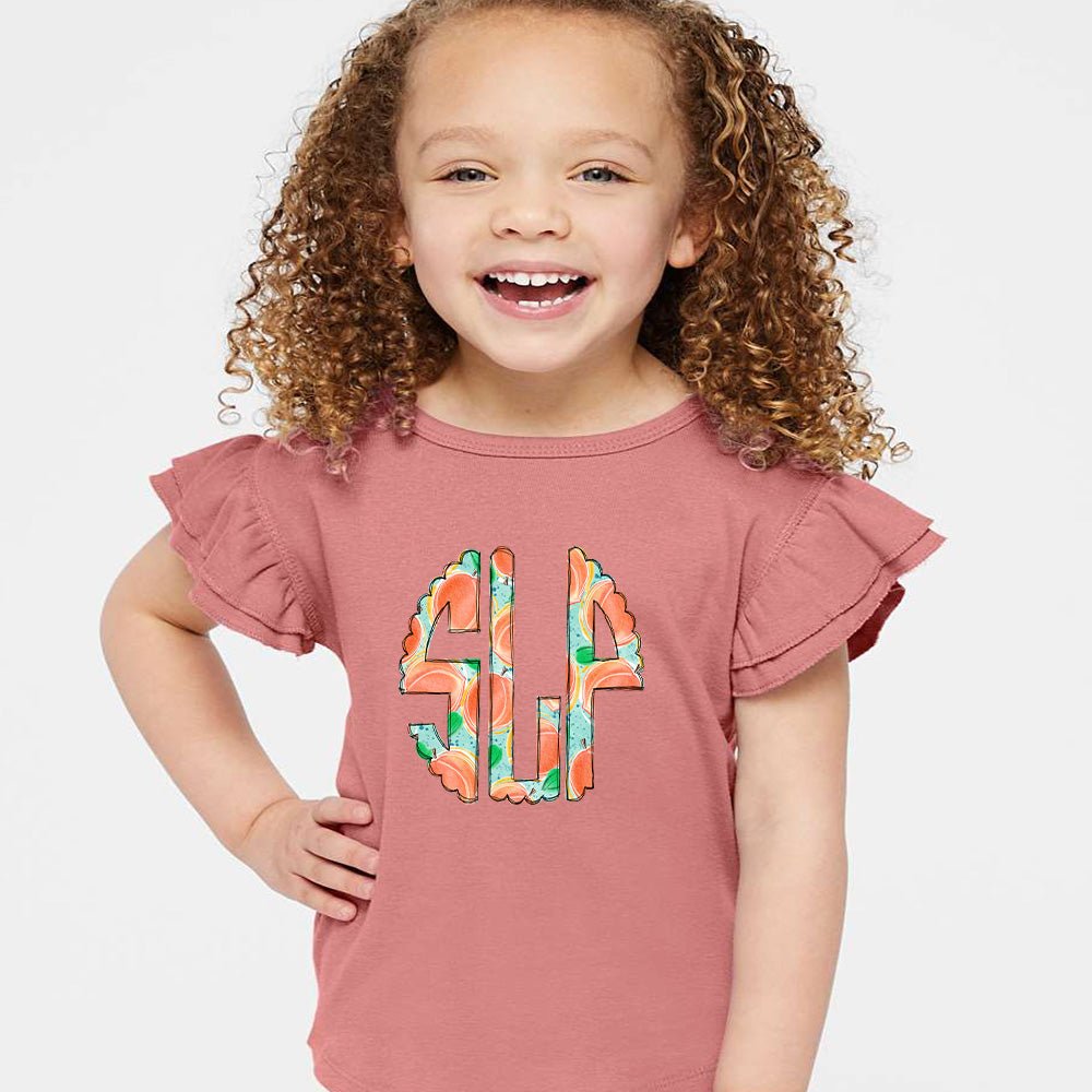 Peaches Monogram Flutter Sleeve T-shirt - Petite & Sassy Designs
