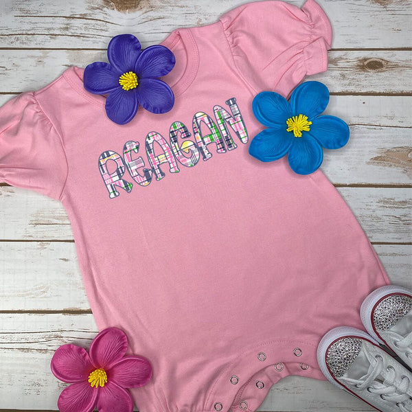 Personalized Plaid Name Toddler Pink Romper - Petite & Sassy Designs