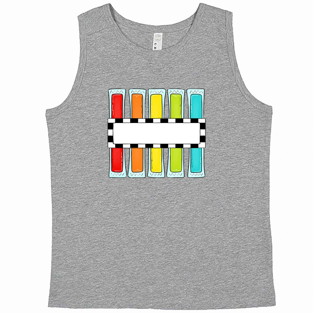 
                  
                    boys gray tank top with popsicle design. Name is added in the center.
                  
                
