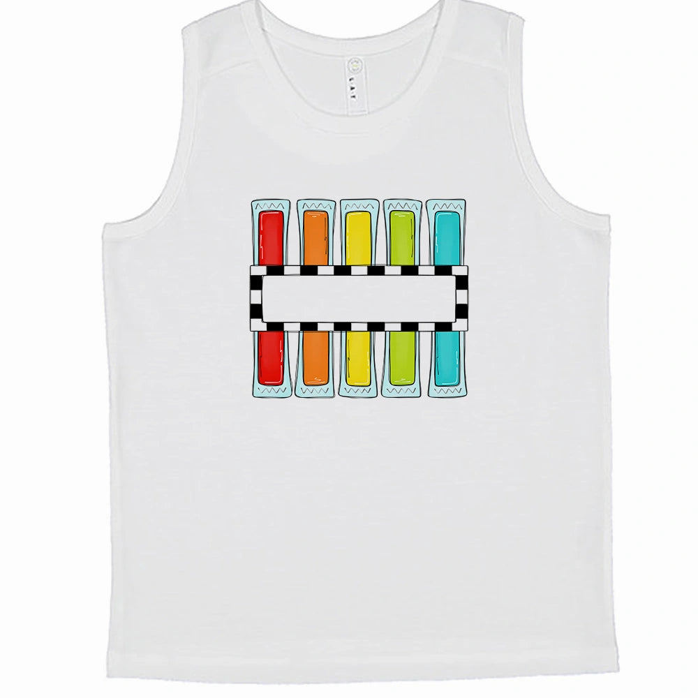 
                  
                    boys white tank top with popsicle design. Name is added in the center.
                  
                