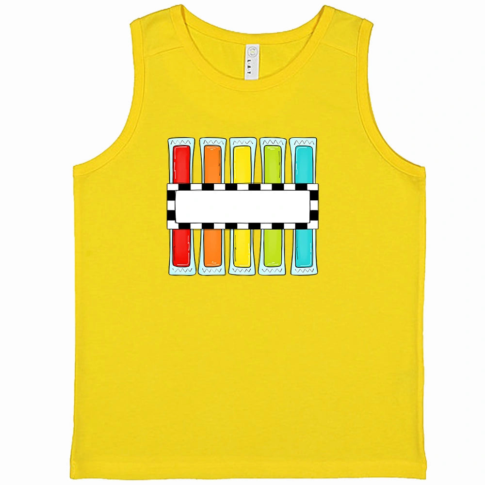 
                  
                    boys yellow tank top with popsicle design. Name is added in the center.
                  
                