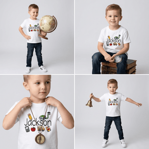 A four-panel collage showing a young boy modeling a white short-sleeve T-shirt with a colorful 'Jackson' graphic and school-themed illustrations. The shirt design includes a green dinosaur, red apple, yellow train, and other small icons.