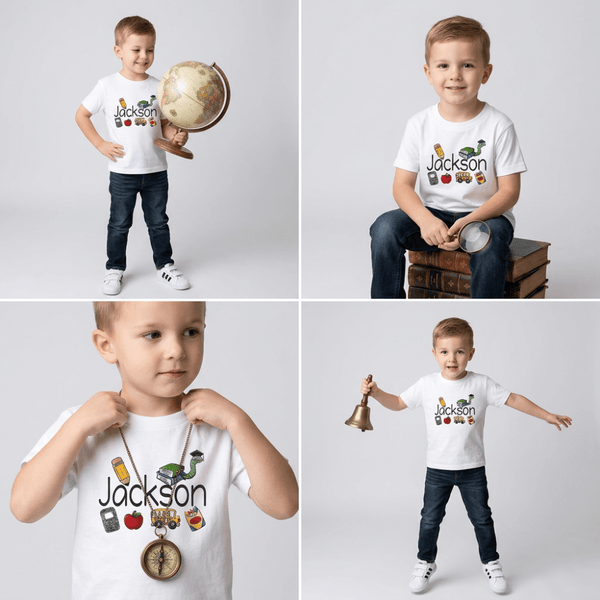 A four-panel collage showing a young boy modeling a white short-sleeve T-shirt with a colorful 'Jackson' graphic and school-themed illustrations. The shirt design includes a green dinosaur, red apple, yellow train, and other small icons.
