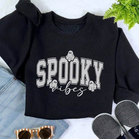 Spooky Vibes Sweatshirt – Halloween Pullover with Ghost Graphic - Petite & Sassy Designs
