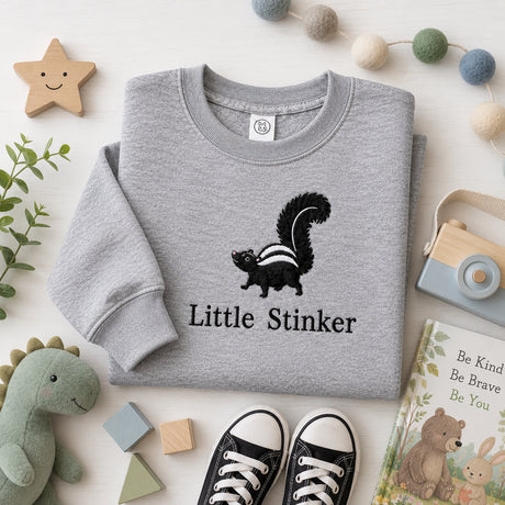 Gray sweatshirt with a skunk graphic and 'Little Stinker' text on a white surface with toys and decor.