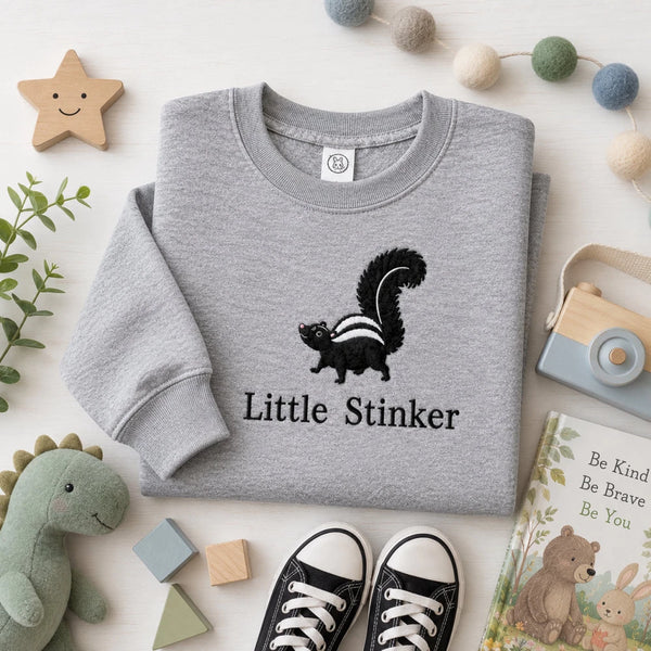 Little Stinker Toddler Embroidered Heather Gray Sweatshirt | Fringe-Tailed Skunk - Petite & Sassy Designs