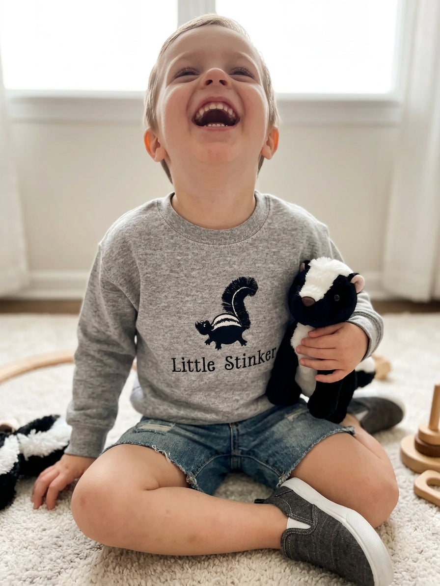 Little Stinker Toddler Embroidered Heather Gray Sweatshirt | Fringe-Tailed Skunk