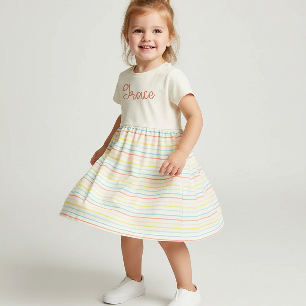 Girls Fine Jersey Dress in Natural/Sunkissed Stripe