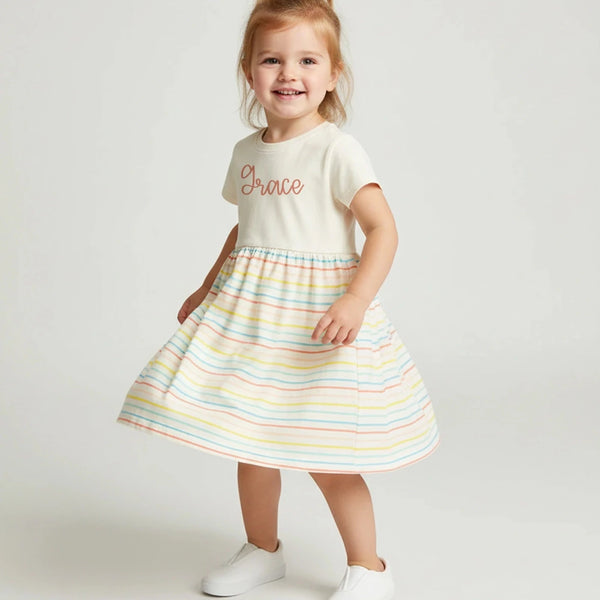 Girls Fine Jersey Dress in Natural/Sunkissed Stripe - Petite & Sassy Designs