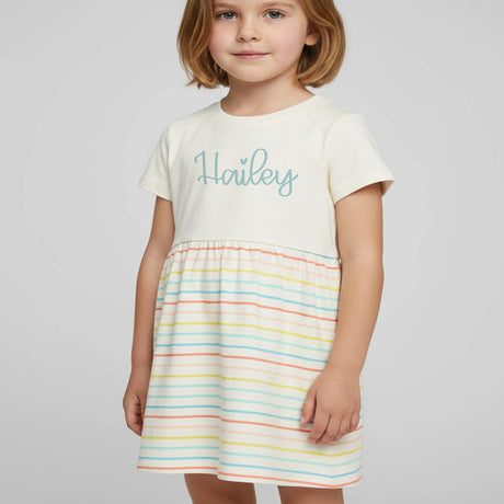 Girls Fine Jersey Dress in Natural/Sunkissed Stripe