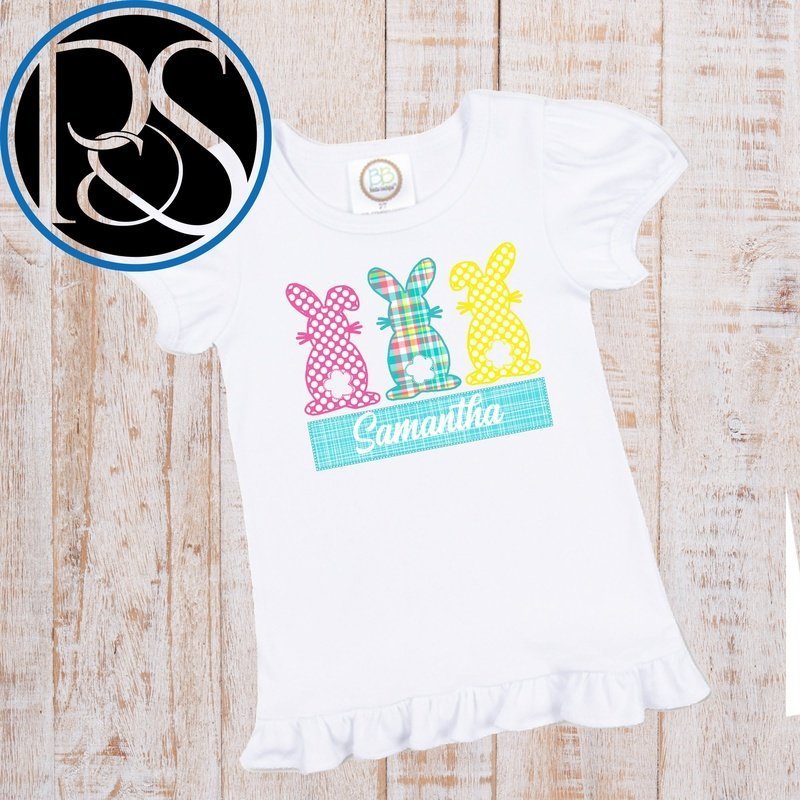 Custom Name Tri Bunny Short Sleeve Ruffle Shirt - Petite & Sassy Designs