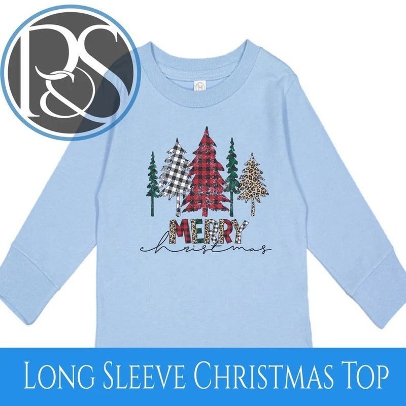 Merry Christmas Patterned Tree Long Sleeve Tee - Petite & Sassy Designs