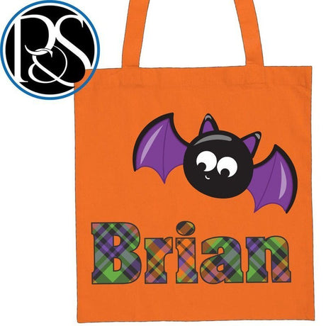 Personalized Trick or Treat Bag Bat with Plaid Name Design - Petite & Sassy Designs