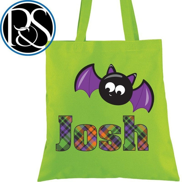 Personalized Trick or Treat Bag Bat with Plaid Name Design - Petite & Sassy Designs
